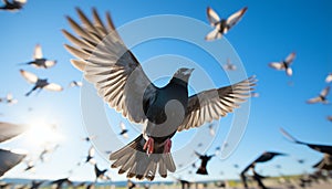 Pigeon and seagull spread wings, flying freely in nature generated by AI