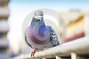 Pigeon Sitting on City Railing, Urban Scene With Bird on Handrail