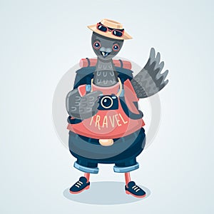 Pigeon tourist. Humanized dove traveler. Cartoon style illustration. Bird migration. Vector graphic.