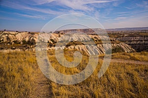 Pigeon valley, Cappadocia, Turkey: Beautiful landscape with mountains and rocks in Sunny weather in the valley near Goreme