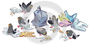 Pigeons feed on garbage. Animal ecological problem. Colorful cartoon characters