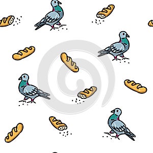 Pigeons and long loaves vector seamless pattern