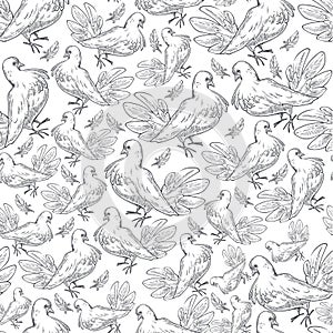 Pigeons print, flying doves, colorless birds seamless pattern