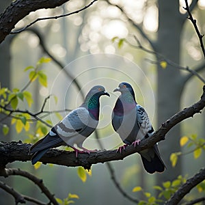 Pigeons on a tree branch.