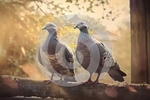 Pigeons stood on branch rustic. Generate ai