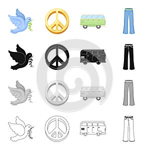 Pigeons, symbol, world, and other web icon in cartoon style.Hippies, hobbies, nature, icons in set collection.