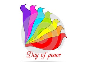 Pigeons on a white background. Doves in the colors of the rainbow logo. International Day of Peace.