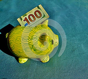 Piggy bank and $100 bill savings