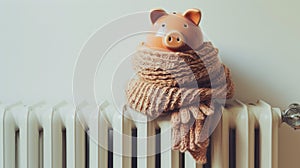 a piggy bank adorned with a scarf placed on a radiator near a light wall, symbolizing the importance of budgeting for