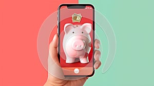 Piggy bank, an application for phones on a pink background with a copy space. In the hands of a phone with an image of a
