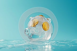 Piggy bank as a frozen ice cube. Frozen savings, funds and assets, unavailable money. The concept of bankruptcy and capital