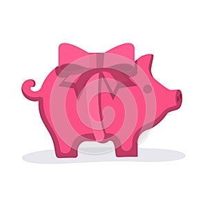 Piggy bank as a gift. Pink piggy bank with gift bow and ribbon