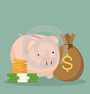 Piggy bank with bag of money and coins