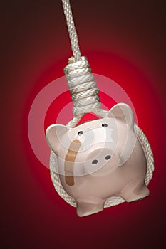 Piggy Bank with Bandage Hanging in Noose on Red