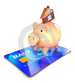 Piggy Bank and bank card and house.