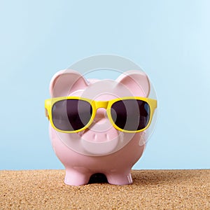 Piggy bank beach travel money freedom concept square