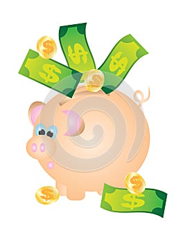 Piggy Bank with Bills and Coins vector Illustration