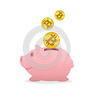 Piggy bank and bitcoin icon gold, saving digital money cryptocurrency bitcoin coin gold concept, bitcoin coin gold over piggy bank