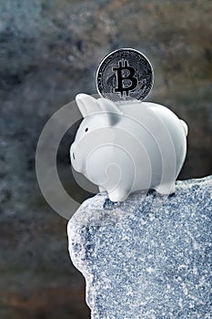 Piggy bank with bitcoin on stone cliff