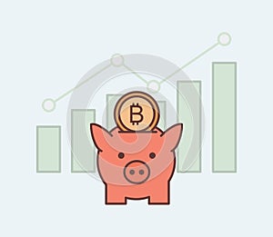 Piggy bank with bitcoin vector cartoon outline illustration on background of rising bar graph. Money savings concept.