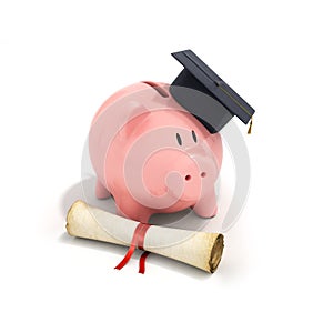 Piggy Bank with Black Graduation Hat and diploma tied with red r