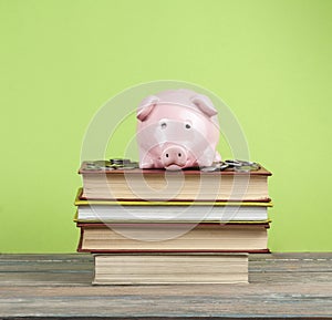 Piggy bank with books and coins on wooden background. Concept of funding education.