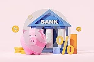 Piggy bank and building, gold coins with percent sign on pink background