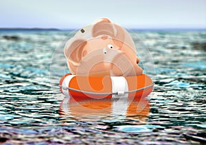 Piggy bank on buoy floating on water