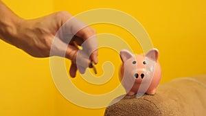 Piggy bank business concept. A hand is putting a coin lifestyle in a piggy bank on a yellow background. saving money is