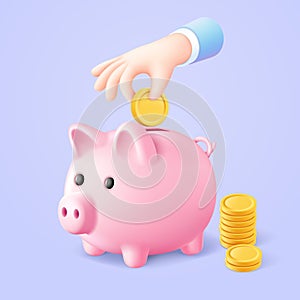 Piggy bank with business hand holding golden coin 3d illustration