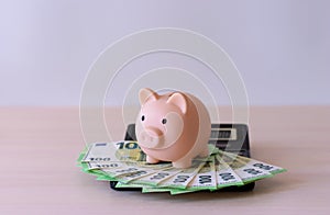 A piggy bank, a calculator and paper money in denominations of 100 euros, spread out in a fan on the table. The concept of