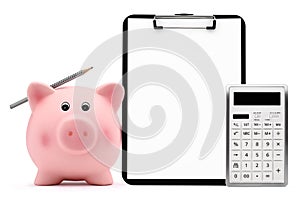 Piggy bank with calculator pencil clipboard accounting concept a