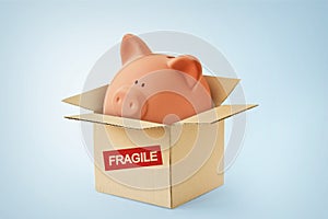 Piggy bank in cardboard box with the word Fragile - Concept of savings, money protection and financial security