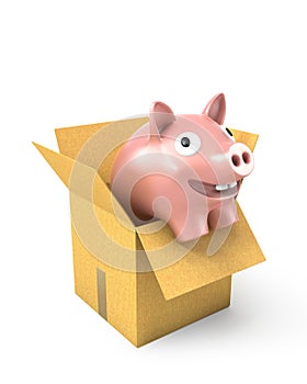 Piggy bank in a carton box