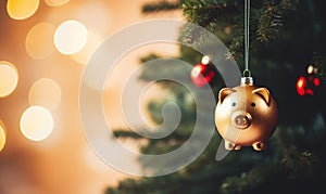 Piggy bank christmas decoration hanging on a Christmas tree branch. Seasonal savings and costs