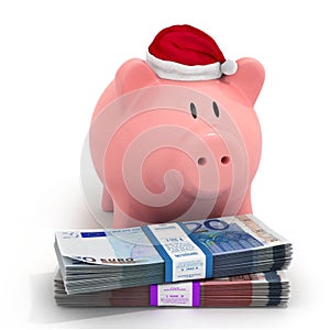 Piggy bank in a Christmas hat with bundles