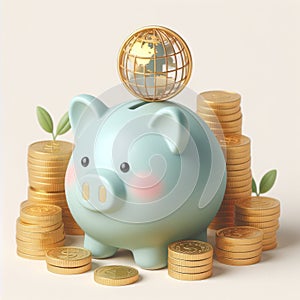 Piggy bank with clover leaves and coins on a light background. Money Saving Concept. Lucky money wallpaper