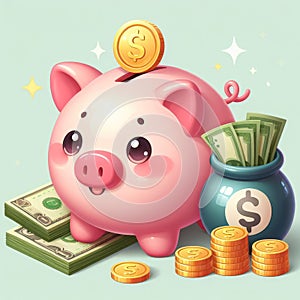 Piggy bank with clover leaves and coins on a light background. Money Saving Concept. Lucky money wallpaper