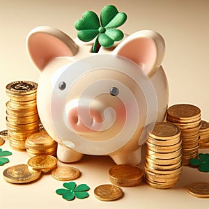 Piggy bank with clover leaves and coins on a light background. Money Saving Concept. Lucky money wallpaper