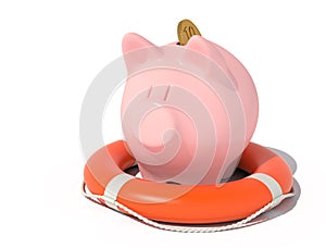 Piggy bank with a coin in the lifebuoy.