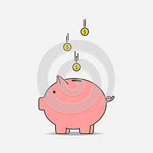 Piggy bank with coin. Money box in pig form. Concept of saving money. Vector