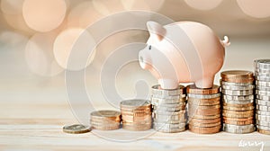 Piggy bank and coin stack on bokeh background, saving money for prepare in the future