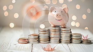 Piggy bank and coin stack on bokeh background, saving money for prepare in the future