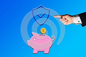 Piggy bank with a coin symbolizing savings and a security or insurance sign.