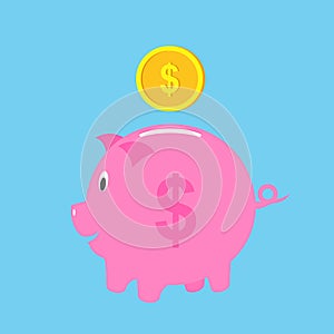 Piggy bank with coin vector illustration. Icon saving or accumulation of money, investment. Icon piggy bank in a flat