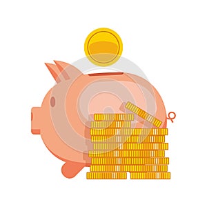 Piggy bank with coin vector illustration. Icon saving or accumulation of money, investment. Icon piggy bank in a flat style. The
