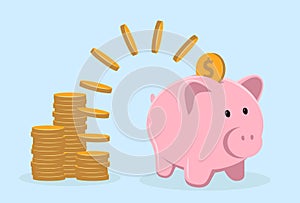 Piggy bank with coin vector illustration. Saving, investing and accumulation money. Pig in a flat style