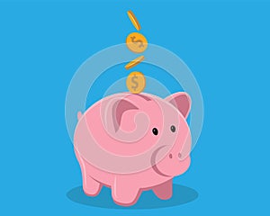 Piggy bank with coin vector illustration. Saving, investing and accumulation money. Pig in a flat style