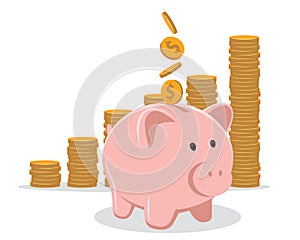 Piggy bank with coin vector illustration. Saving, investing and accumulation money. Pig in a flat style