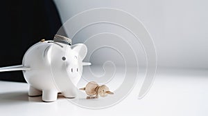 Piggy bank with coins, airplane and financial documents, concept of saving Money for traveler, generative ai